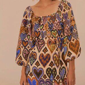 NWT Farm Rio Cream Hearts Ikat Square Neckline Mini Dress